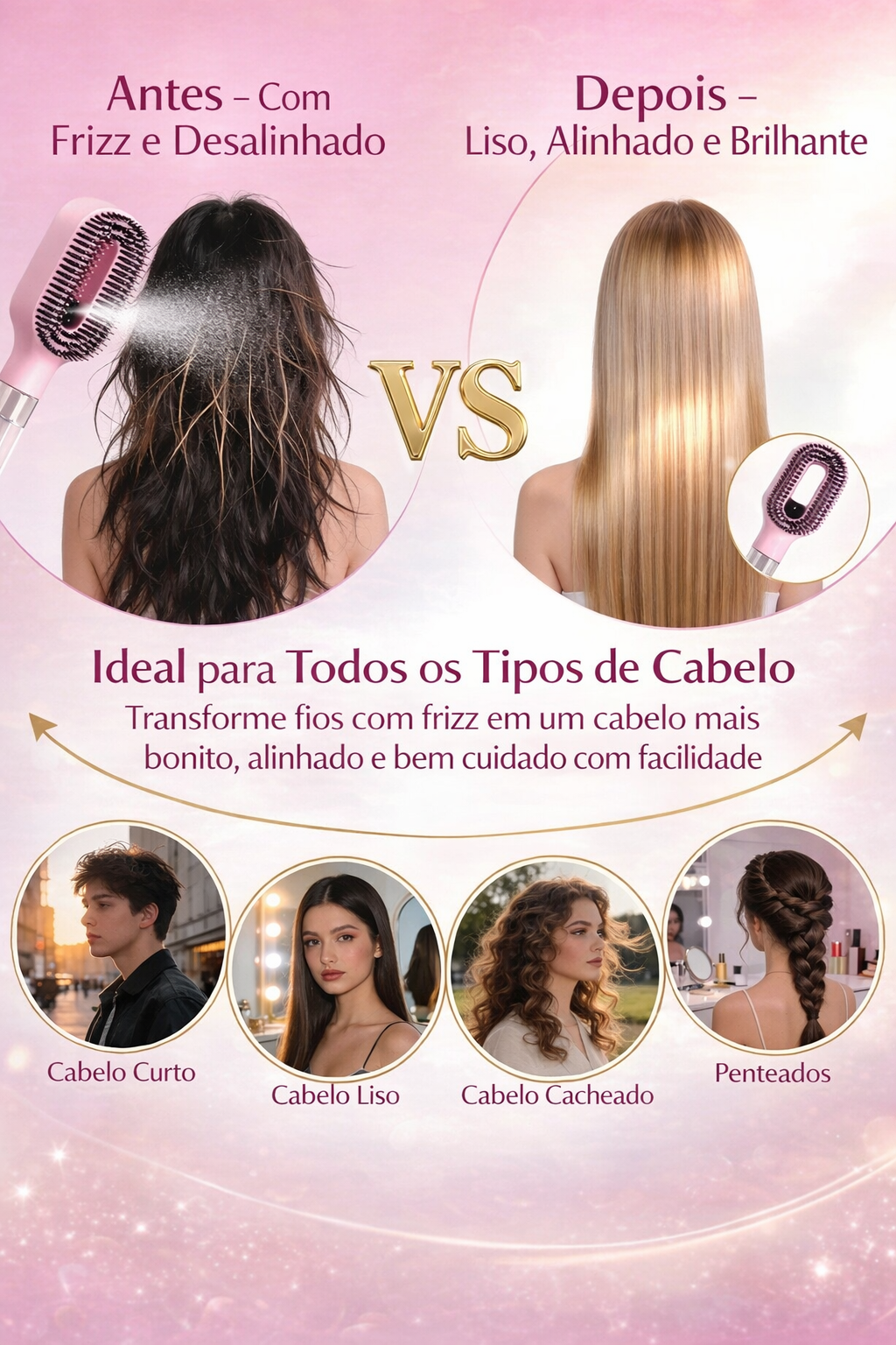 Escova Spray 2 em 1 – Transforme Seus Fios Bagunçados em Cabelo de Salão em Segundos